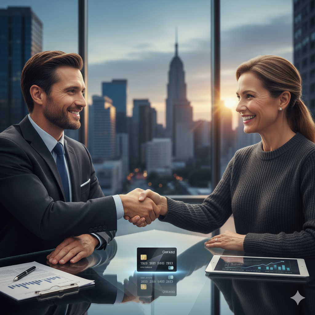 ulher com blusa de tricô sorrindo e apertando a mão de um gerente de banco, com um cartão de crédito preto na mesa e a cidade ao fundo. Ilustra o bom relacionamento para conseguir um cartão de crédito sem anuidade que pontua.