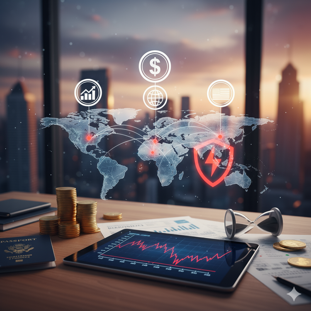 Uma imagem que representa a complexidade e os riscos do investimento global. Em destaque, um mapa-múndi com algumas áreas em vermelho, simbolizando zonas de risco ou incerteza. Em primeiro plano, uma mão segura um pequeno barco de papel em águas agitadas ou sobre um gráfico de queda, enquanto uma bússola e moedas estrangeiras estão espalhadas sobre uma mesa. A cena sugere a necessidade de navegação cuidadosa e planejamento estratégico (hedge) ao buscar a diversificação internacional, misturando oportunidades (horizonte aberto) e a volatilidade (câmbio e crises).