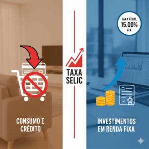 Gráfico da taxa Selic em alta (15,00% ao ano) em 2025 mostrando o impacto no consumo (carrinho de compras) e nos investimentos.
