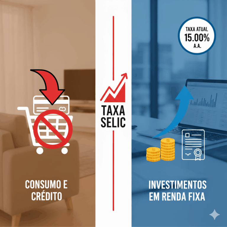 Gráfico da taxa Selic em alta (15,00% ao ano) em 2025 mostrando o impacto no consumo (carrinho de compras) e nos investimentos.