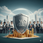 Escudo protegendo gráficos e moedas de ouro, simbolizando a segurança dos setores mais defensivos da Bolsa em meio à volatilidade do mercado.