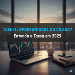 SEO IMAGEM: Mesa de investidor com laptop, gráficos de ações no monitor, café e vista panorâmica de prédios, simbolizando análise de mercado financeiro. No meio da foto tem o título: taee11: oportunidade ou cilada?