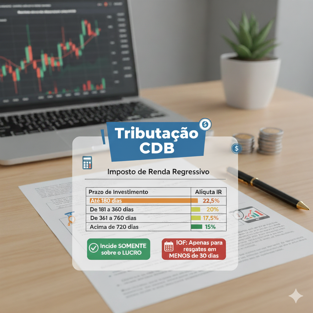 Gráfico ou tabela que ilustra a alíquota regressiva do Imposto de Renda (IR) sobre o CDB (Certificado de Depósito Bancário), mostrando as diferentes porcentagens de imposto para prazos de investimento de até 180 dias, até 360 dias, até 720 dias e acima de 720 dias. A imagem destaca a importância de entender a tributação regressiva ao aprender o que é CDB.
