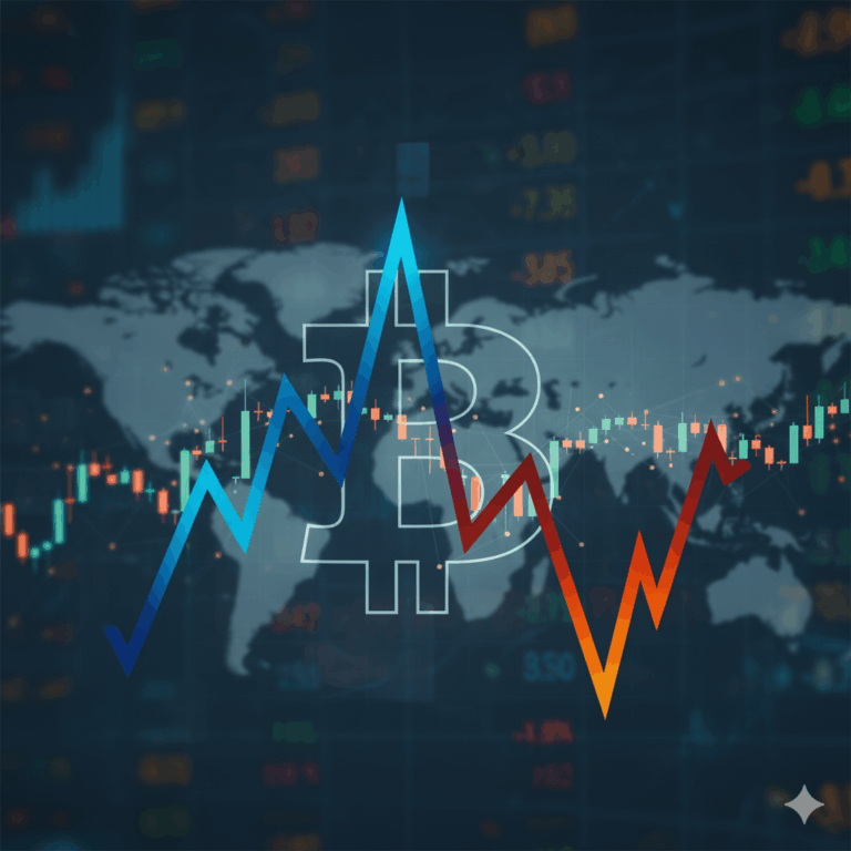 Gráfico da volatilidade do bitcoin com linha em formato de onda (alta e baixa) sobre o símbolo BTC em fundo de mercado financeiro.