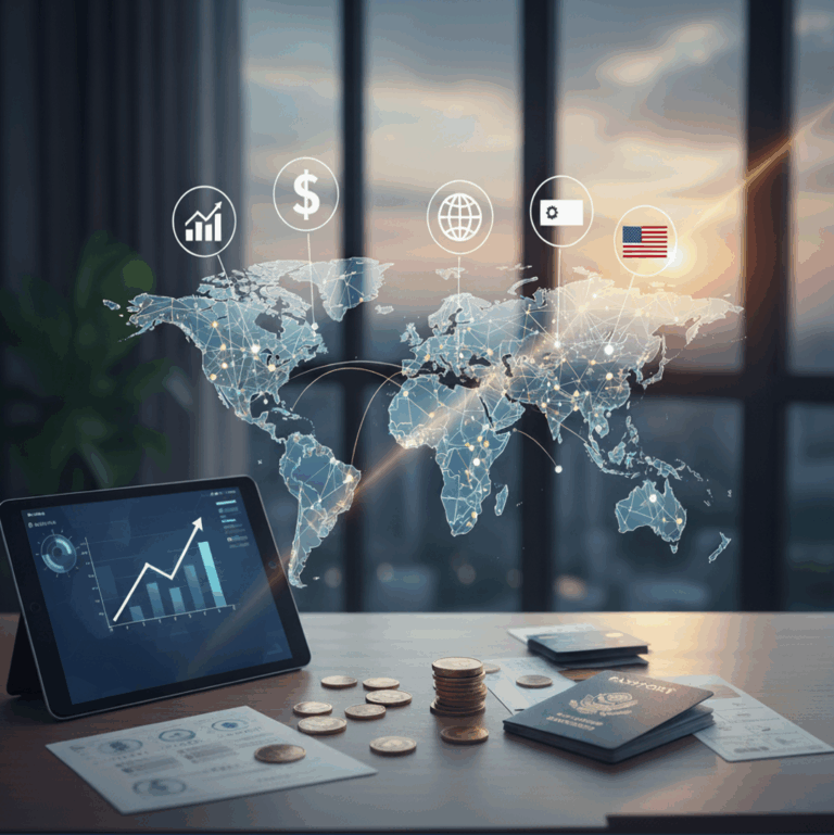 Uma imagem com um mapa-múndi iluminado ao centro, representando conexões financeiras e de investimento global. Em primeiro plano, uma mesa de madeira exibe elementos relacionados a finanças e viagens, como um tablet mostrando gráficos de crescimento, pilhas de moedas douradas, um passaporte e documentos. Ao fundo, uma janela panorâmica revela uma paisagem urbana ao pôr do sol, sugerindo oportunidades amplas. Acima do mapa, ícones simbolizam crescimento financeiro (gráfico), dinheiro (símbolo de dólar), globalização (globo), configurações de investimento (engrenagem) e a bandeira dos Estados Unidos.