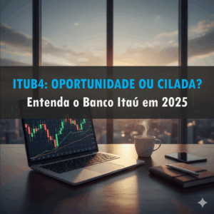 Mesa de investidor com laptop, gráficos de ações no monitor, café e vista panorâmica de prédios, simbolizando análise de mercado financeiro. No meio da foto tem o título: itub: oportunidade ou cilada?