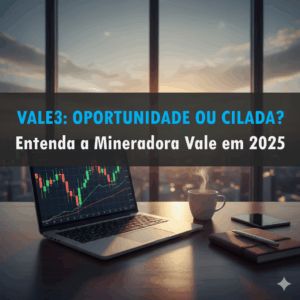 Mesa de investidor com laptop, gráficos de ações no monitor, café e vista panorâmica de prédios, simbolizando análise de mercado financeiro. No meio da foto tem o título: vale3: oportunidade ou cilada?