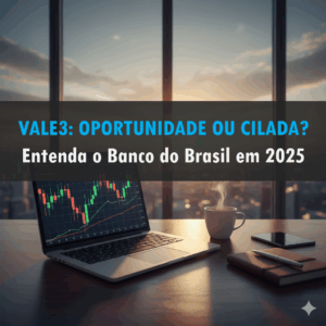 Mesa de investidor com laptop, gráficos de ações no monitor, café e vista panorâmica de prédios, simbolizando análise de mercado financeiro. No meio da foto tem o título: vale3: oportunidade ou cilada?