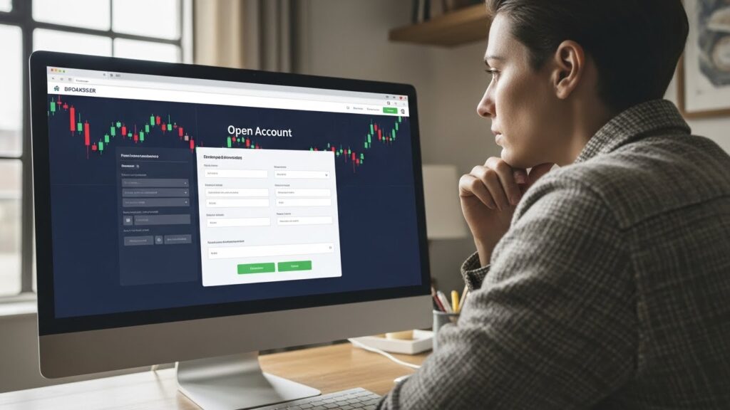 pessoa com roupa informal olhando para o computador pensativa. na tela do computador esta a imagem de um site de uma corretora de bolsa de valores, com um formulario para abrir uma conta