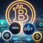 Moedas digitais altcoins e stablecoins com o bitcoin no fundo