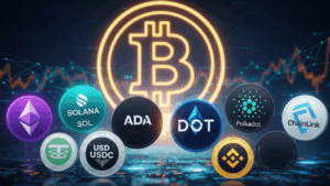 Moedas digitais altcoins e stablecoins com o bitcoin no fundo