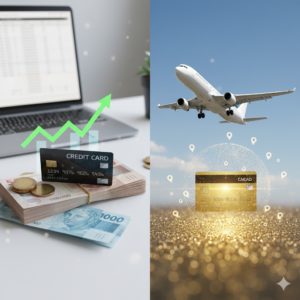 Comparativo entre cartão de cashback ou milhas apresentando de um lado notas de dinheiro e um notebook com gráfico de lucro e do outro um avião decolando sobre um cartão de crédito dourado.