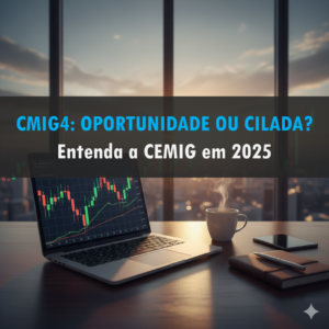 Mesa de investidor com laptop, gráficos de ações no monitor, café e vista panorâmica de prédios, simbolizando análise de mercado financeiro. No meio da foto tem o título: bbas3: oportunidade ou cilada?