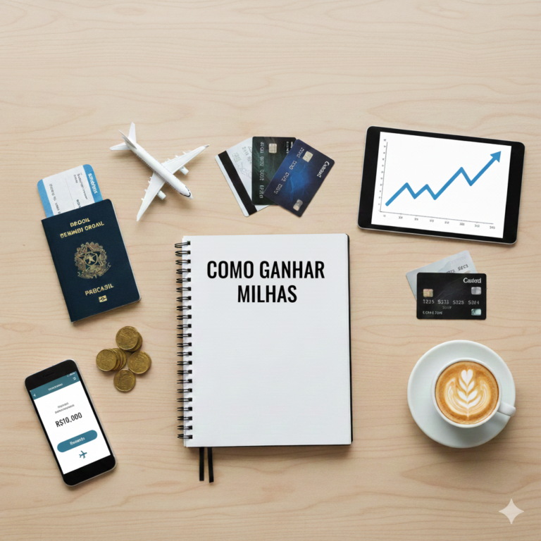 Mesa de escritório com cartões de crédito, globo terrestre, pote de moedas e um caderno escrito 'Como Ganhar Milhas', ilustrando as ferramentas e estratégias para obter Ganhar Benefícios Com Milhas Aéreas e realizar viagens