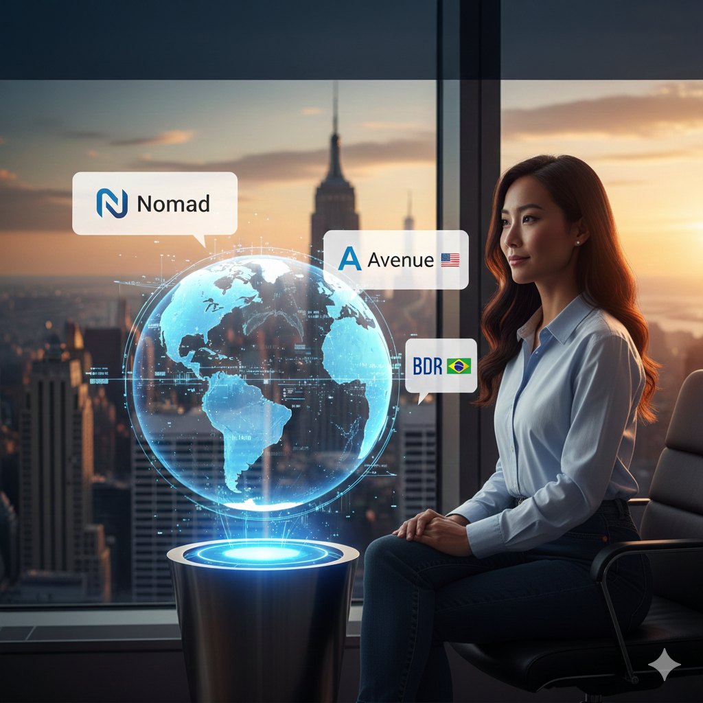 Mulher sorridente em ambiente moderno com vista para Nova York, usando um tablet para acessar a bolsa de valores americana (NYSE/NASDAQ) através de uma corretora internacional, simbolizando o investimento de um estrangeiro nas bolsas americanas