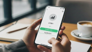 Mãos de uma pessoa segurando um smartphone moderno em um café aconchegante. Na tela do celular, uma interface de aplicativo de investimentos intuitiva com botões destacados "LFTB11", " 'Comprar ETF' e 'Liquidez D+1'. Ao fundo, um caderno de anotações financeiras. Estilo comercial autêntico, cores vibrantes porém sóbrias, transmitindo a facilidade de investir em renda fixa pela bolsa