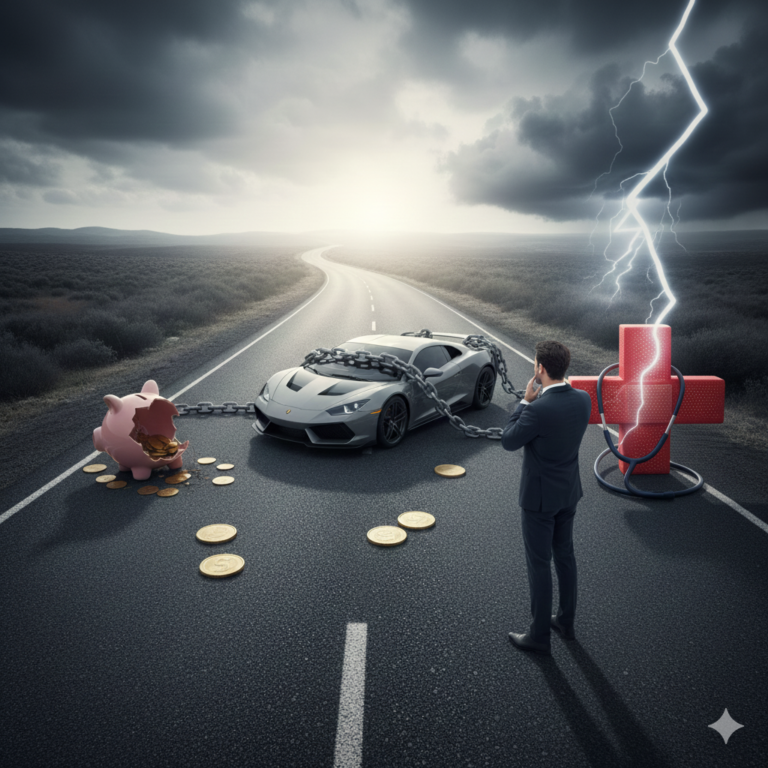 Uma estrada sinuosa e bem iluminada (simbolizando o caminho para a liberdade financeira) que leva a um cadeado dourado brilhante (o objetivo). No meio da estrada, há três grandes obstáculos: 1) Um cofrinho de porco quebrado e vazio; 2) Um carro esportivo de luxo acorrentado ao chão; 3) Uma nuvem escura descarregando raios em uma pilha de notas e contas médicas. No fundo, um cenário de serenidade. Estilo visual: Foto-realista, cinematográfico, iluminação dramática