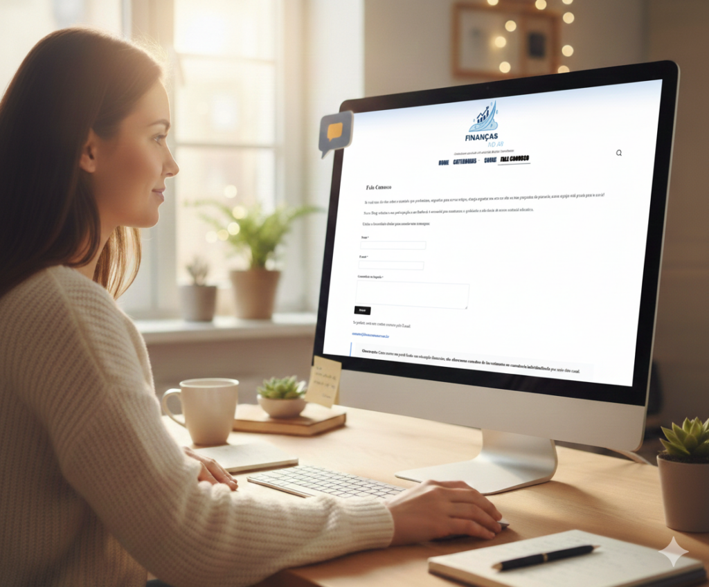 Mulher feliz em frente ao computador.