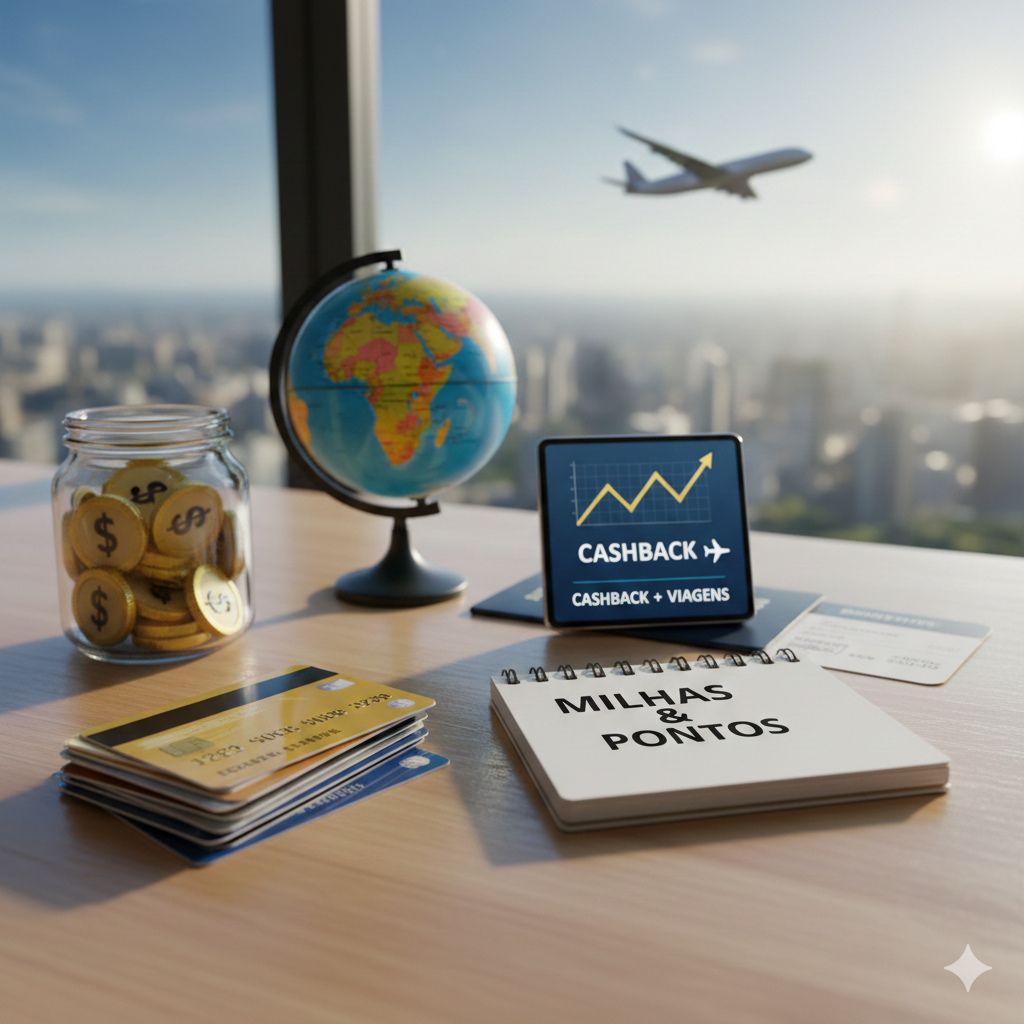 Mesa de trabalho organizada com cartões de crédito, caderno 'Milhas & Pontos', e um tablet mostrando um gráfico de ganhos e a palavra 'Cashback', ilustrando as estratégias para Ganhar Benefícios Com Milhas Aéreas e realizar viagens