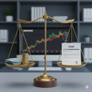 Uma balança de justiça em equilíbrio. Em um prato, moedas e notas representando lucros de investimentos. No outro prato, um documento fiscal com a sigla DARF e a logo da Receita Federal. O fundo deve ser sério e profissional, transmitindo a ideia de conformidade e equilíbrio fiscal.