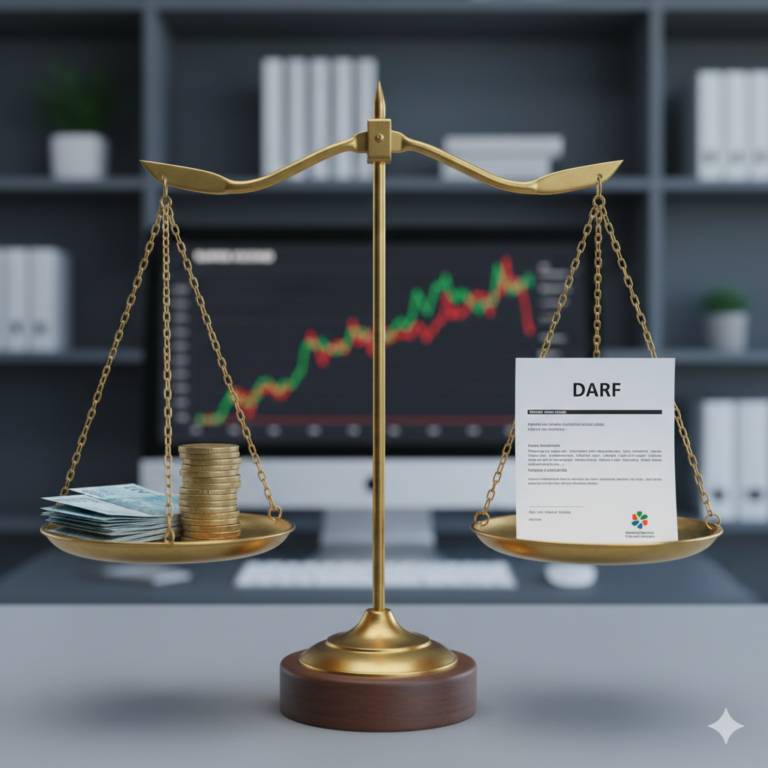 Uma balança de justiça em equilíbrio. Em um prato, moedas e notas representando lucros de investimentos. No outro prato, um documento fiscal com a sigla DARF e a logo da Receita Federal. O fundo deve ser sério e profissional, transmitindo a ideia de conformidade e equilíbrio fiscal.