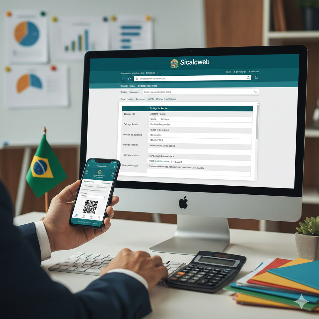 Investidor emitindo o DARF (Documento de Arrecadação de Receitas Federais) no Sicalcweb, exibido em um monitor, enquanto realiza o pagamento usando o código de barras no celular. A imagem ilustra o processo prático de Como Pagar DARF Sem Erros para impostos sobre investimentos e renda variável.