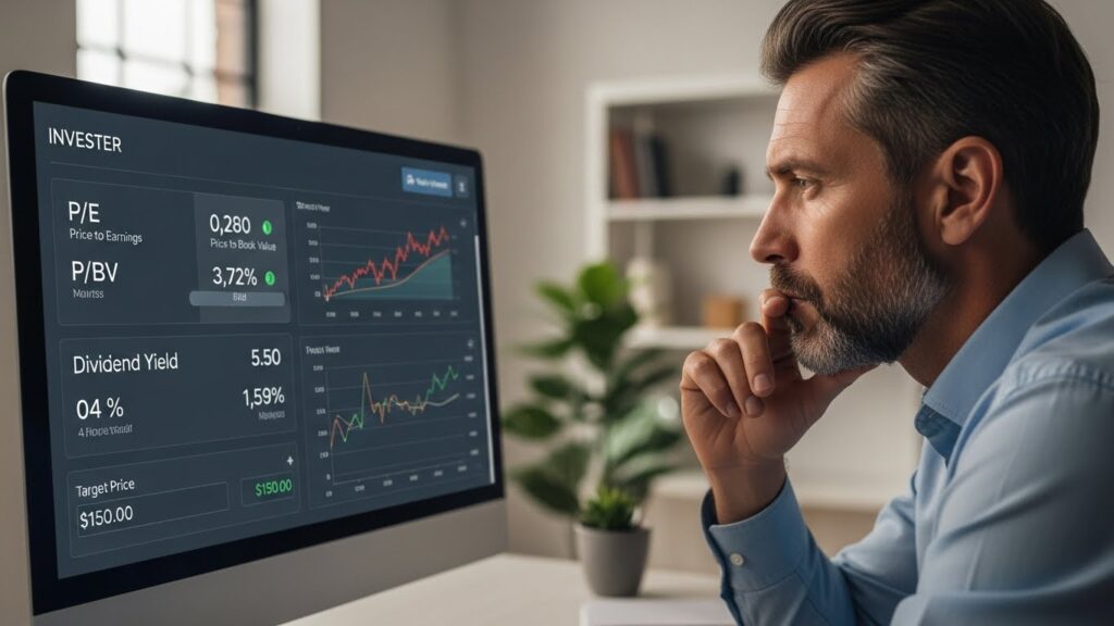 Investidor pensativo pensado no preço alvo de uma ação, avaliando a tela do computador com indicadores p/l, p/vp, dividendos e um pequeno gráfico de barra