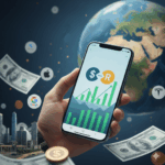 Mão segurando smartphone com gráfico de investimento e conversão Dólar para Real ($->R), com cédulas de dinheiro e moedas ao redor, representando a facilidade de investir em ações internacionais (BDRs) na B3, com os logotipos da Apple, Google e Tesla ao fundo.