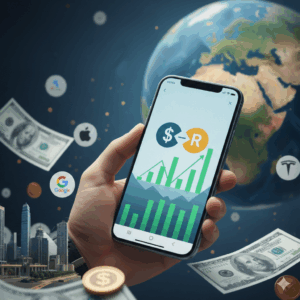 Mão segurando smartphone com gráfico de investimento e conversão Dólar para Real ($->R), com cédulas de dinheiro e moedas ao redor, representando a facilidade de investir em ações internacionais (BDRs) na B3, com os logotipos da Apple, Google e Tesla ao fundo.