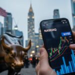 Mãos seguram um smartphone exibindo um gráfico de ações em alta com as legendas NASDAQ e NYSE. Ao fundo, a silhueta de Nova York, a estátua do Touro de Wall Street e a bandeira dos EUA.