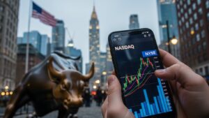 Mãos seguram um smartphone exibindo um gráfico de ações em alta com as legendas NASDAQ e NYSE. Ao fundo, a silhueta de Nova York, a estátua do Touro de Wall Street e a bandeira dos EUA.