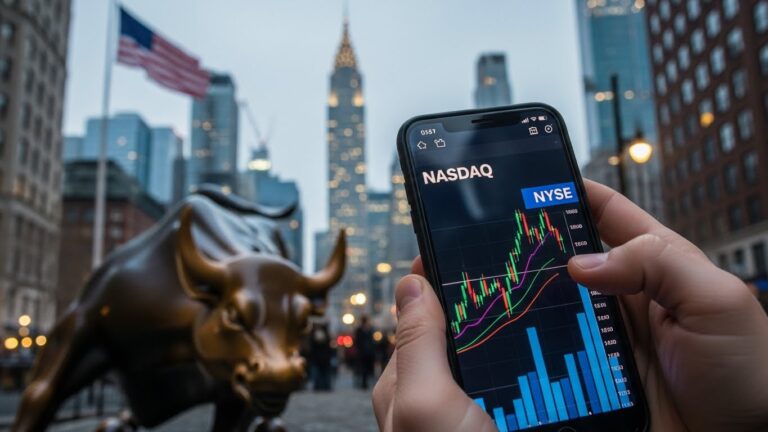 Mãos seguram um smartphone exibindo um gráfico de ações em alta com as legendas NASDAQ e NYSE. Ao fundo, a silhueta de Nova York, a estátua do Touro de Wall Street e a bandeira dos EUA.
