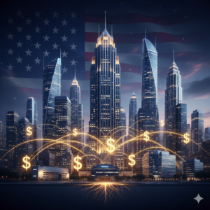 Visão panorâmica de arranha-céus de grandes cidades americanas sob a bandeira dos EUA, simbolizando o investimento em Real Estate Investment Trusts (REITS) e a diversificação em ativos imobiliários globais para geração de renda passiva