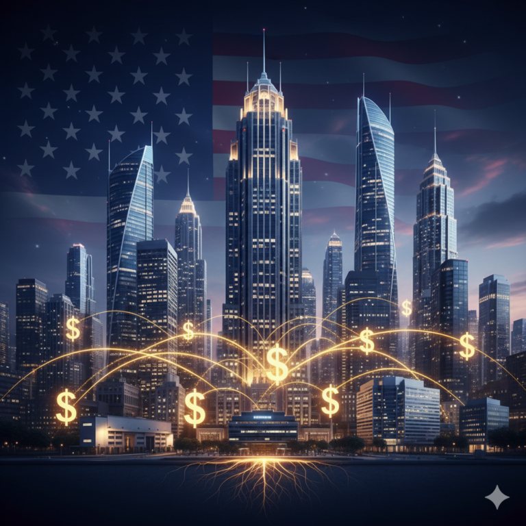 Visão panorâmica de arranha-céus de grandes cidades americanas sob a bandeira dos EUA, simbolizando o investimento em Real Estate Investment Trusts (REITS) e a diversificação em ativos imobiliários globais para geração de renda passiva