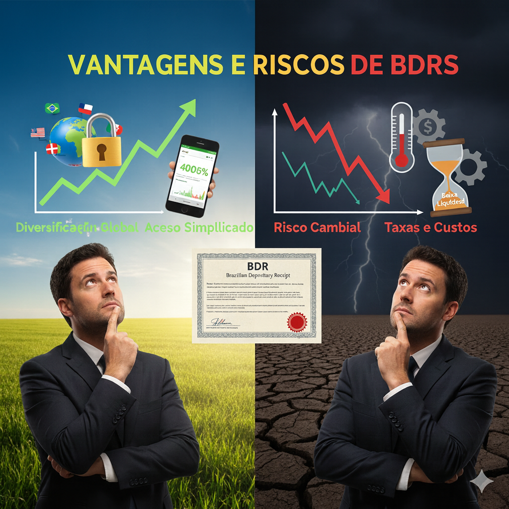 Investidor pensativo comparando duas setas de direções opostas (cima e baixo) simbolizando as vantagens e os riscos (volatilidade ou risco cambial) ao investir em BDRs e ações internacionais.