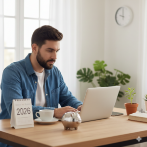 Jovem com roupa casual utilizando tablet e notebook em uma mesa de madeira com uma xícara de café, simbolizando o planejamento de investimentos e metas financeiras