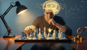 Ilustração conceitual sobre psicologia dos investimentos mostrando um investidor analisando um tabuleiro de xadrez financeiro enquanto um cérebro transparente com labirinto dourado representa vieses cognitivos. A cena simboliza tomada de decisão estratégica, armadilhas psicológicas nos investimentos, controle emocional, medo e ganância no mercado financeiro, com gráfico de lucros e perdas ao fundo.