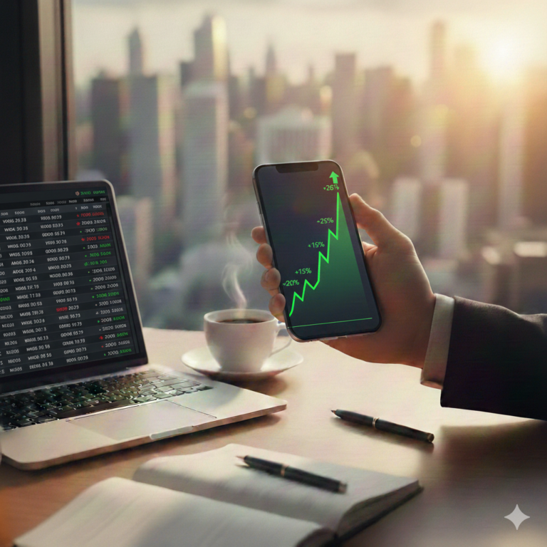 Investidor analisando gráfico de alta no celular com Ibovespa nas máximas em um escritório moderno com vista para a cidade ao pôr do sol.