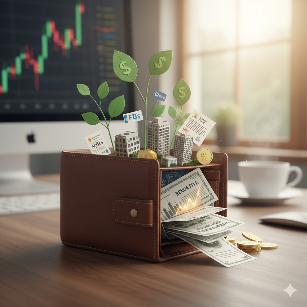 Carteira de couro aberta sobre uma mesa de escritório, com ícones de Ações, FIIs e Renda Fixa crescendo como plantas de um jardim.