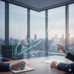 Gráfico financeiro abstrato e moderno em tons claros com linhas de crescimento e oscilação, representando a variação de preços e a marcação a mercado em investimentos de renda fixa