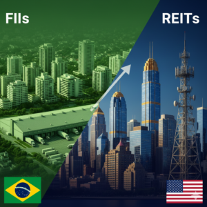 Ilustração realista comparativa entre FIIs e REITs dividida diagonalmente: à esquerda, prédios e um galpão logístico representando o mercado brasileiro (FIIs) em tons de verde; à direita, arranha-céus modernos e uma torre de transmissão representando o mercado americano (REITs) em tons de azul e dourado. A esquerda a palavra "FIIs" e a direita a palavra "REITs", Abaixo as bandeiras do brasil e estados unidos