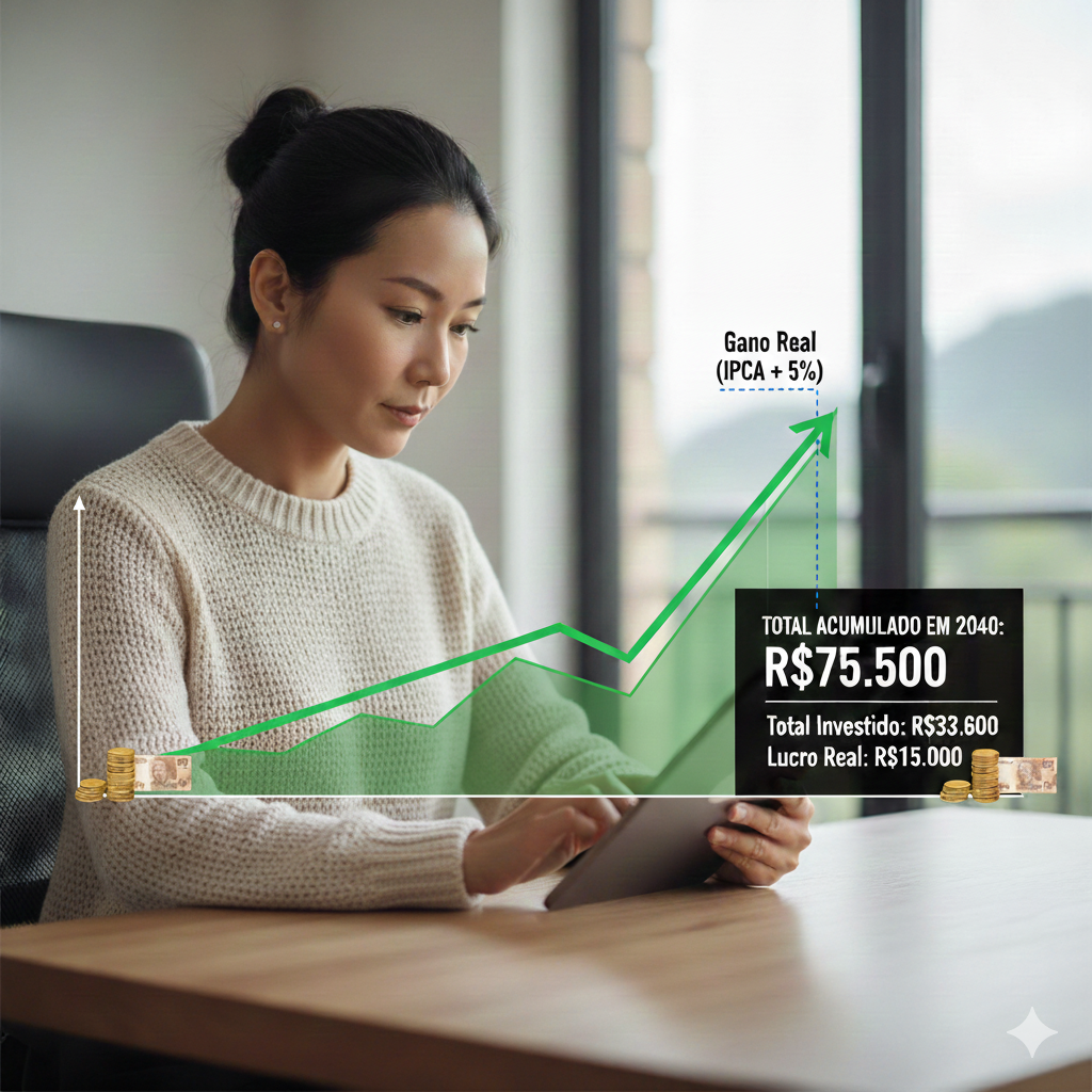 Mãos de uma pessoa com roupas informais operando um smartphone e um notebook para investir no Tesouro Direto. A tela do computador mostra um gráfico de barras e uma linha verde de crescimento financeiro ascendente. Sobre a mesa de madeira, há moedas empilhadas e um tablet exibindo uma rede de conexões coloridas