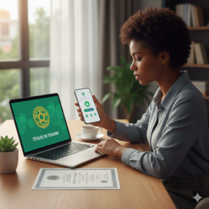 Pessoa utilizando um smartphone e um notebook para investir no Tesouro Direto. A tela do notebook exibe gráficos de crescimento financeiro e ícones de investimento sobre uma mesa de madeira organizada