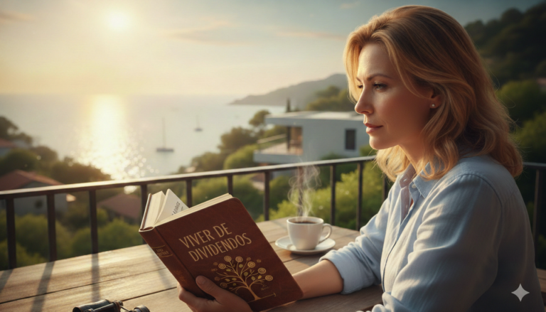 Mulher segurando um livro com a escritura na capa "Viver de Dividendos". Ela está sentada, com os braços apoiados sobre uma mesa. Como paisagem de fundo está um mar, com barcos desfocados e árvores.