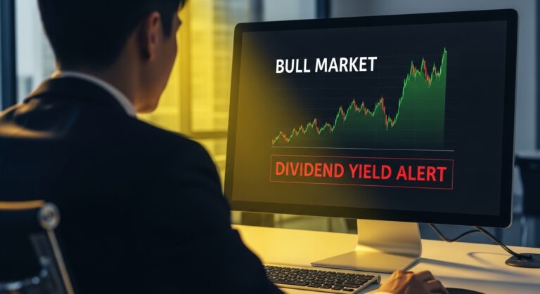 Investidor de costa olhando para computador com graficos de bolsa em alta e alerta de dividendos
