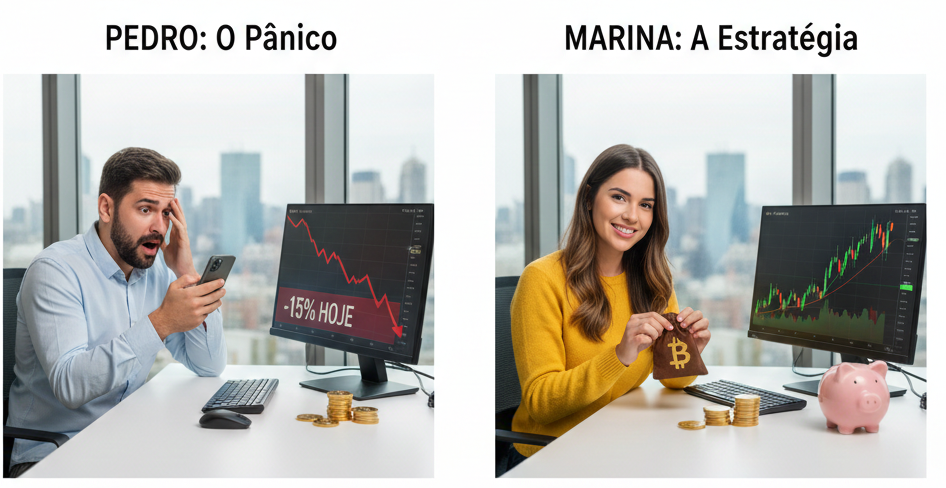 Comparativo de investidores sobre o que fazer na queda do Bitcoin: à esquerda, homem desesperado com gráfico em baixa; à direita, mulher sorridente utilizando a estratégia DCA com moedas de Bitcoin e um cofrinho.
