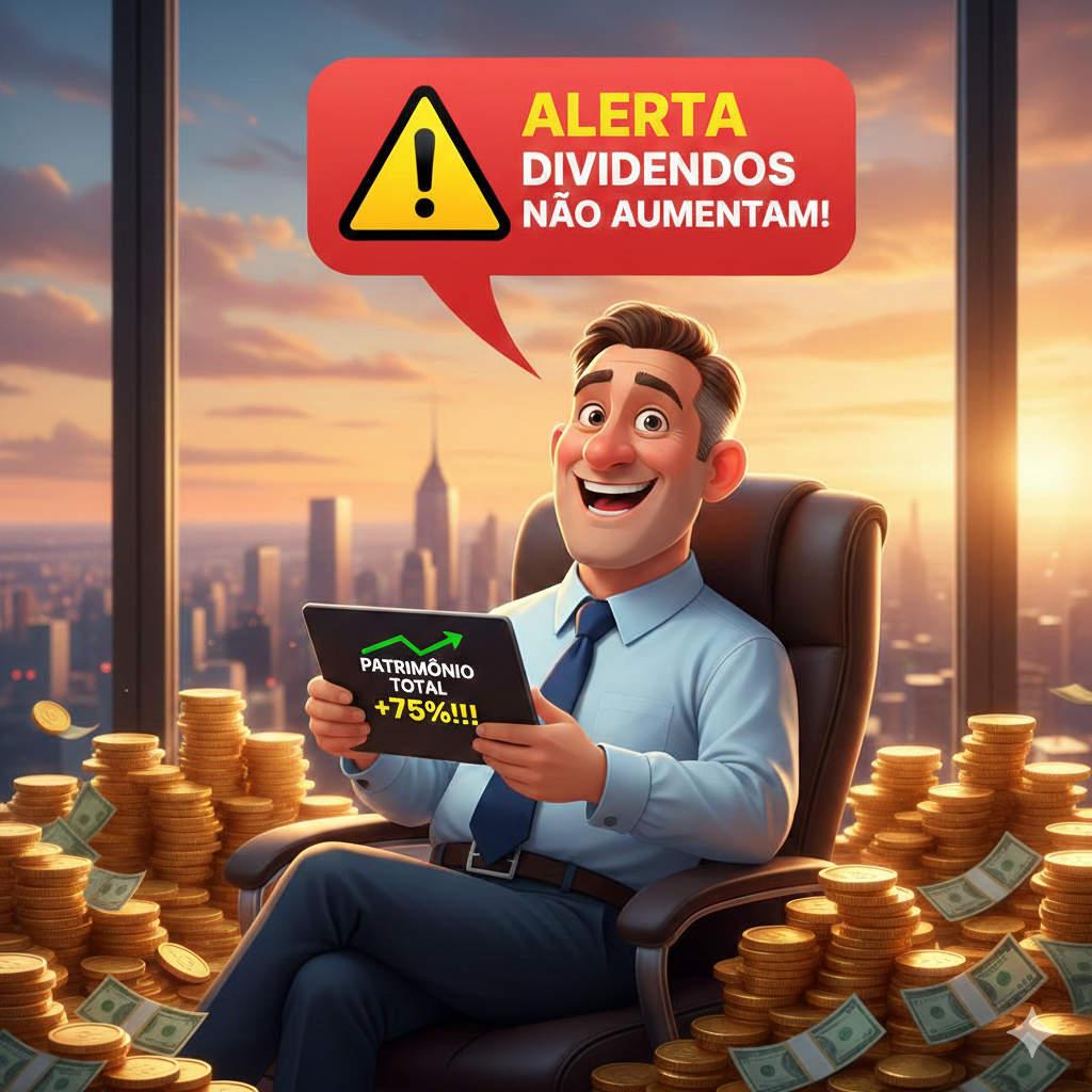 investidor sorridente com alta de patrimônio em ações e alerta sobre dividendos estagnados para quem busca como investir em ações para renda passiva.
