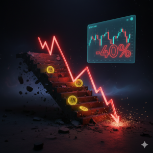 Ilustração conceitual sobre o que fazer na queda do Bitcoin, mostrando um gráfico de velas em baixa de -40% e moedas digitais sobre uma escada de pedra quebrada em ambiente escuro e abstrato.