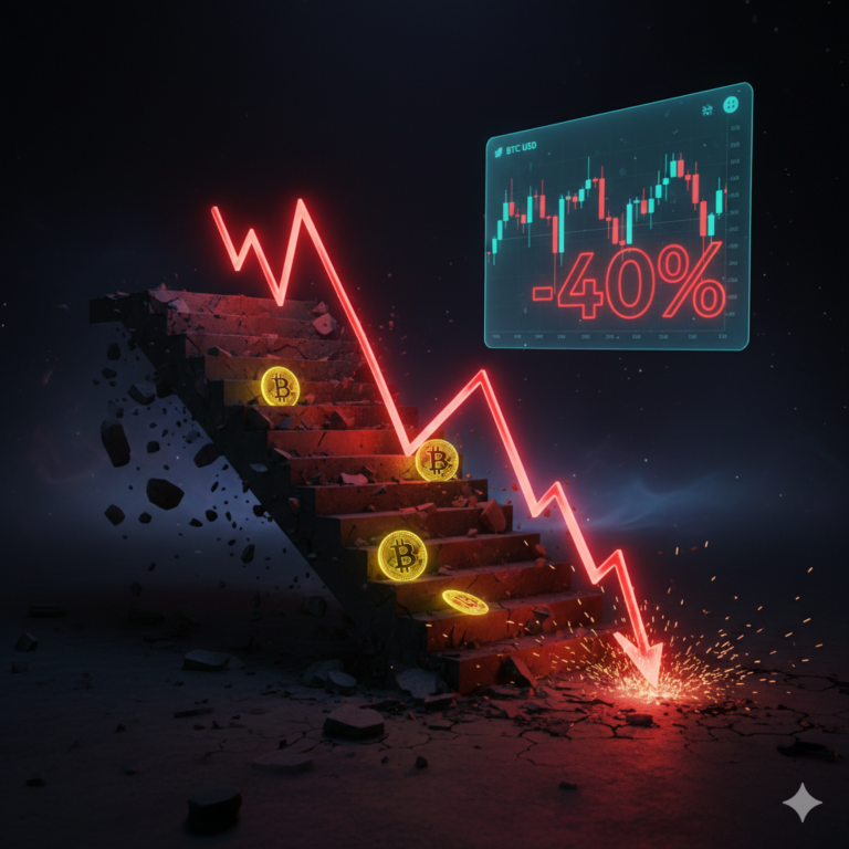 Ilustração conceitual sobre o que fazer na queda do Bitcoin, mostrando um gráfico de velas em baixa de -40% e moedas digitais sobre uma escada de pedra quebrada em ambiente escuro e abstrato.