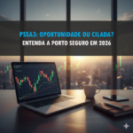 Mesa de investidor com laptop, gráficos de ações no monitor, café e vista panorâmica de prédios, simbolizando análise de mercado financeiro. No meio da foto tem o título: pssa3: oportunidade ou cilada?